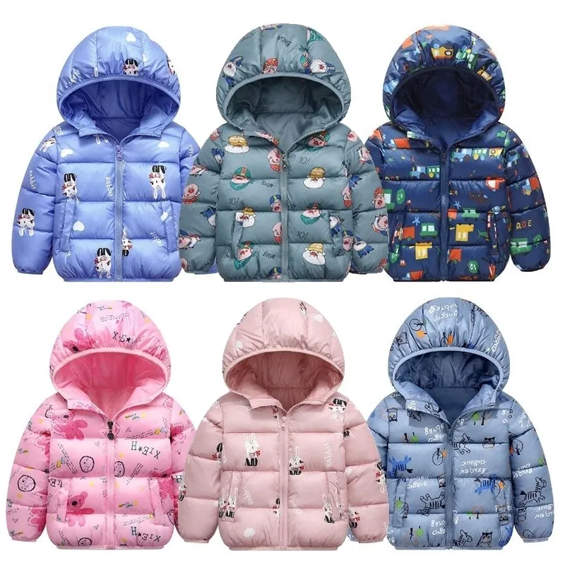 Meninos jaquetas crianças inverno nova moda bebê meninas roupas manga longa com desenhos animados com capuz casaco com zíper à prova de vento para 2-6y lj201017