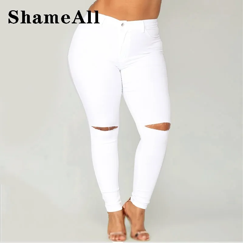 Plus Größe Hohe Taille Zerrissene Knie Weiße Jeans Frauen Grundlegende Casual Stretch Dünne Hosen L-5XL Denim Hosen Mom Jean Femme 210203