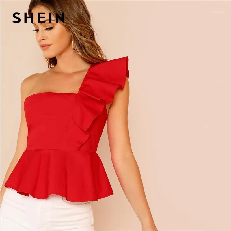 Shein Glamorous Red Ruffle Trim Um Ombro Peplum Slim Fit Peplum