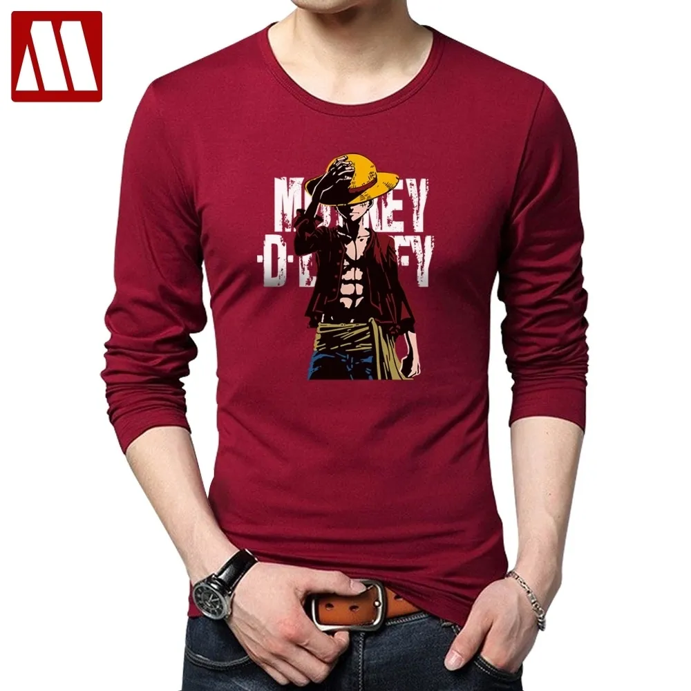 T-shirt dos homens Casual manga longa homens camisetas Roupa de marca Imprimir Anime um pedaço Monkey.D.Luffy desenhos animados verão estiramento de algodão 201116