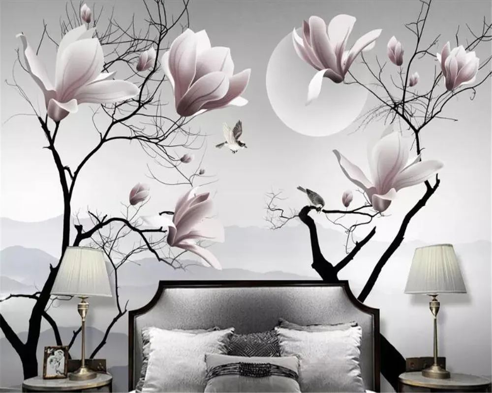 Beibehang Custom wallpaper mural Bedroom living room background wall Magnolia flower bird decoration painting 3d