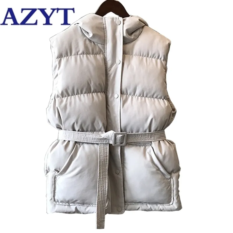 AZYT Winter Mit Kapuze Ärmellose Jacke Frauen Winddicht Warme Daunen Baumwolle Frauen Weste Mantel Casual Verdicken Weste Mit Gürtel 201102