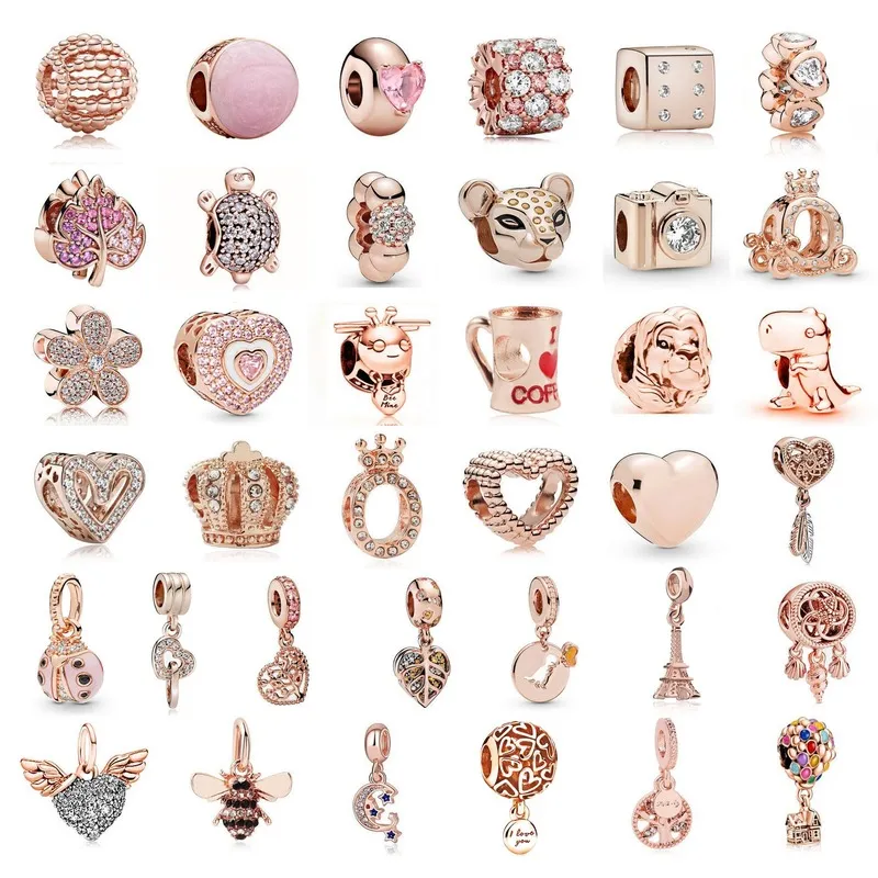 2022 925 silver charms Rose Gold Flower Leaf Crown Heart Coffee Dangle  Pendant Beads Fit Pandora Charms Bracelet DIY Women Jewelry Gifts