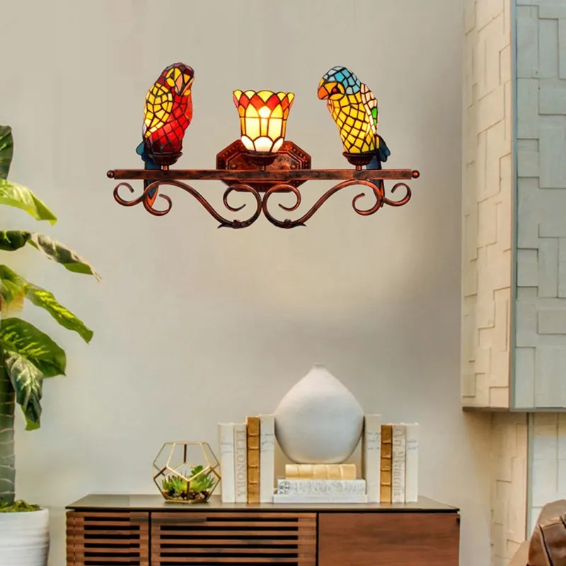 3 Heads Color Glass Parrot Wall Lamp European Style Tiffany Dinning Room Lights Bathroom Mirror Light Rustic Bedside Sconces