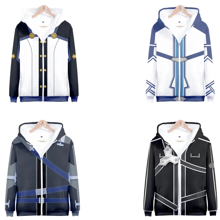 Winter Mens Jackets and Coats Anime SAO Sword Art Online 3D Hoodie Zip Hooded Sweatshirt Kirigaya Kazuto Kirito Cosplay Costume261b