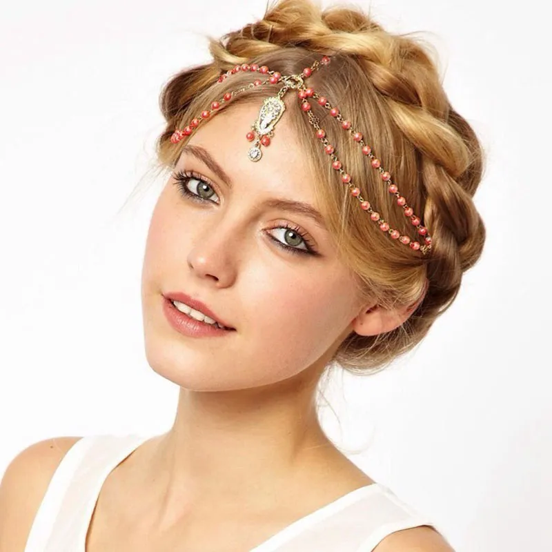 Cadena para la cabeza para mujer, cadena para la cabeza con borla de perlas, diadema dorada con diamantes de imitación, accesorios para el cabello para mujeres y niñas FD040