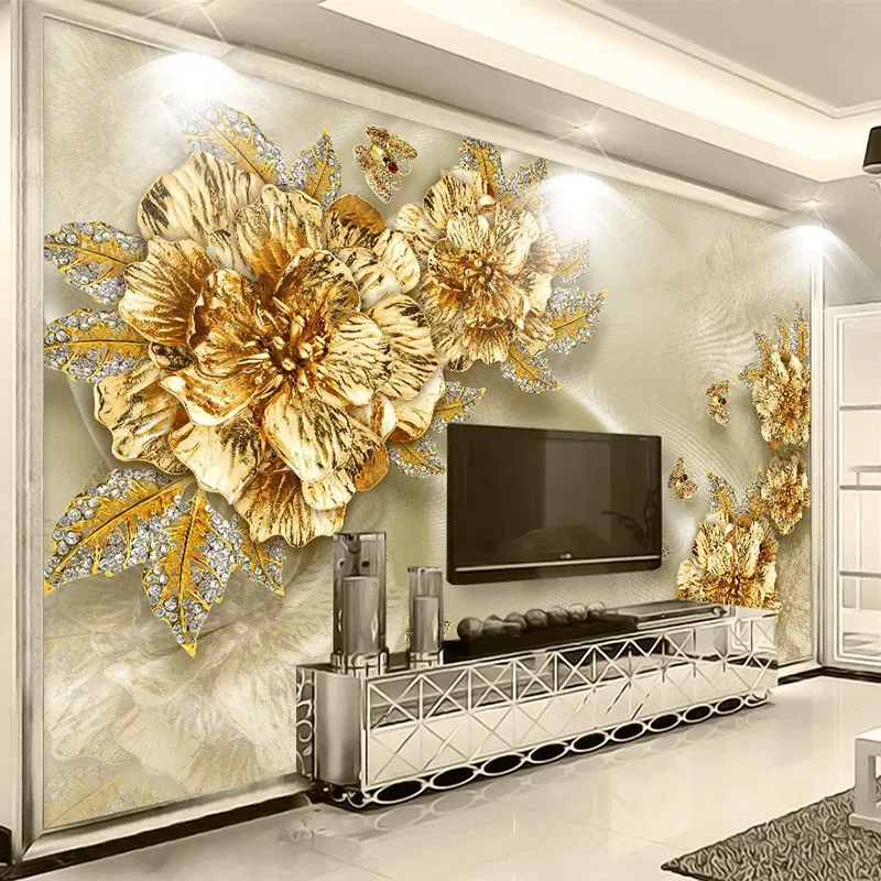 Foto tapet Europeisk stil lyxig guld diamant blomma silke smycken väggmålningar vardagsrum TV bakgrunds väggmålning fresker