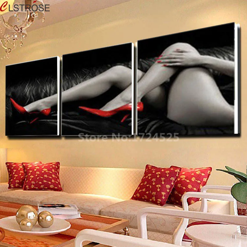 CLSTROSE без кадра 3 шт. Сексуальная леди Холст покраска современные красные на высоком каблуке обувь на стене Фотографии дома декор гостиной спальня LJ201128