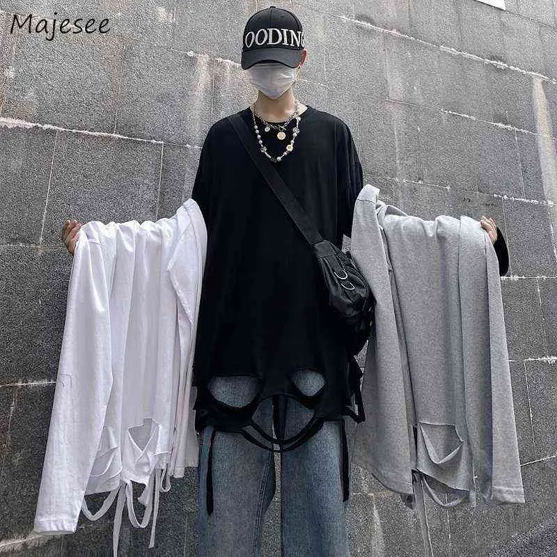 Men Long Sleeve T-shirts Hole Asymmetrical Mens Oversize S-5XL Solid Loose Tops All Match Personalized Cool Clothing T-shirt New G1222