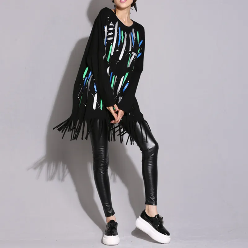 XITAO Spliced Black Trench For Women Tide Long Print Streetwear