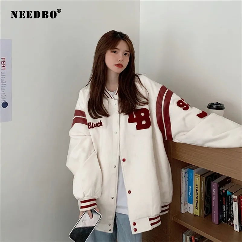 NEEDBO Single Breasted Spliced Letter Ropa de marca Bomber Jacket Mujeres Uniforme de béisbol suelto Mujer Abrigo de invierno BF Suéter 220217