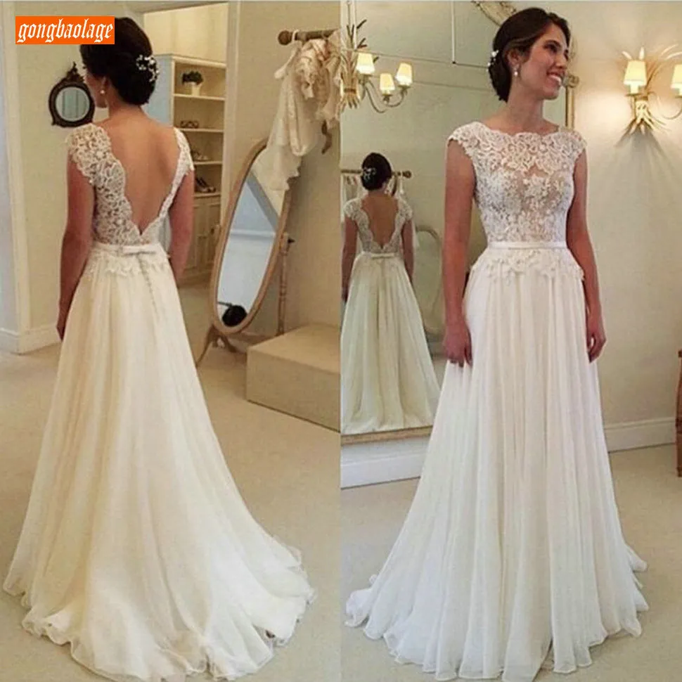 Élégant Boho mousseline de soie blanc robe de mariée longue 2020 dentelle appliqué sans manches ivoire robes de mariée pas cher jardin Sexy robes de mariée