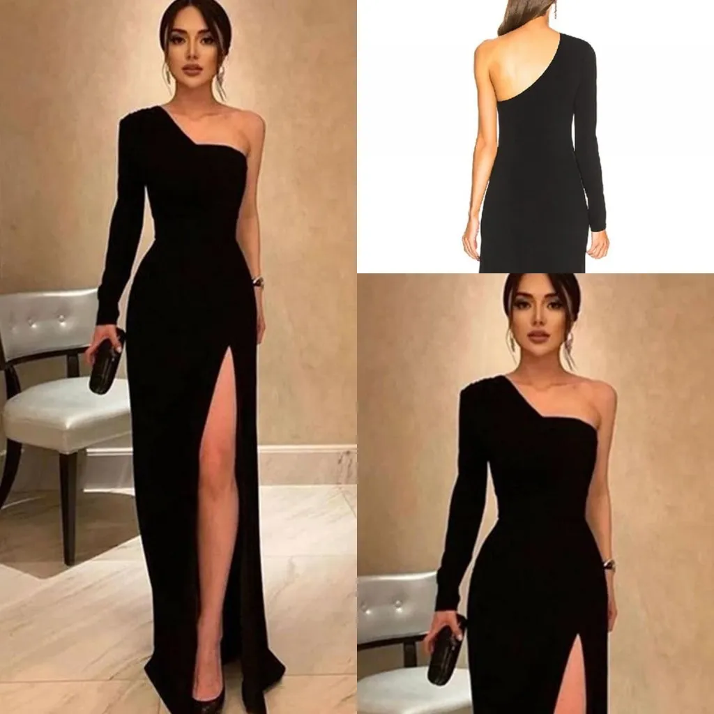 Robe de soirée sirène en satin noir simple manches longues une épaule haut fendu robe de bal formelle tenue de soirée robe de soirée￩e femme sur mesure