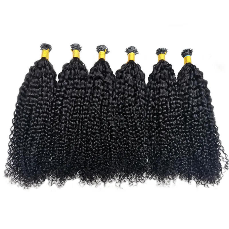 Afro Kinky Kıvırcık I ucu Saç Uzantıları Mikrolinks 100% Remy İnsan Bakire Saç Örgü Demetleri Brezilyalı Doğal Siyah Şimdiye Kadar Güzellik 4B 4C 100 g / lot 14-28 inç