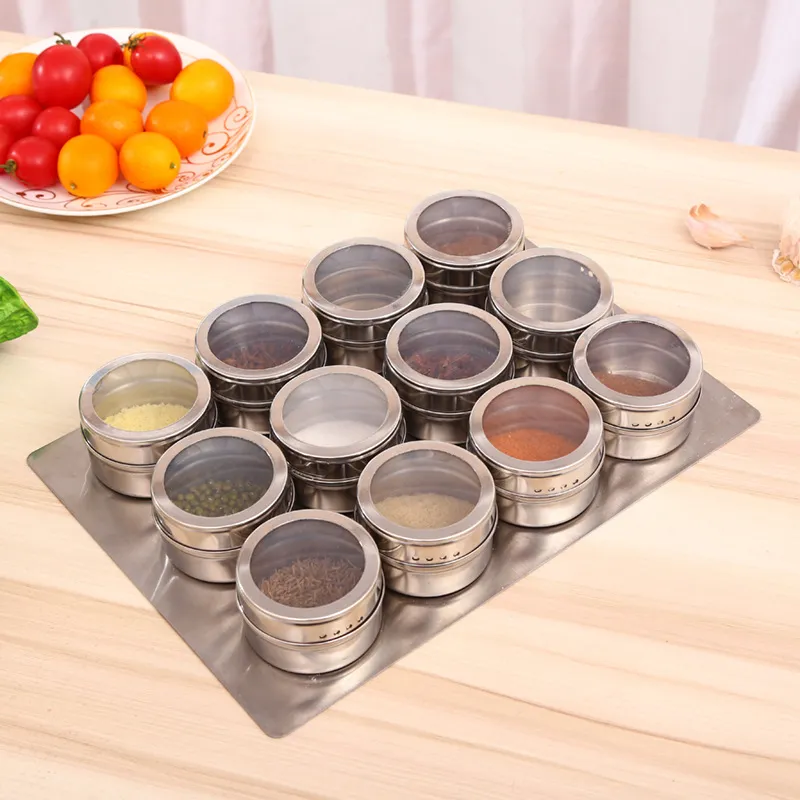 Магнитный набор для специй Jar из нержавеющей стали 12pcs / комплект с держателем треугольной формой для домашней кухни барбекю на открытом воздухе