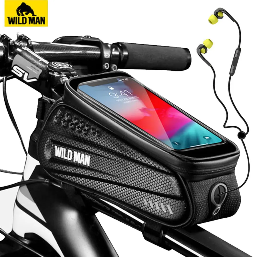WILD MAN Rainproof Bicycle Bag Frame Front Top Tube Cycling Bag Reflective 6.5in Phone Case Touchscreen Bag MTB Bike Accessories 201117