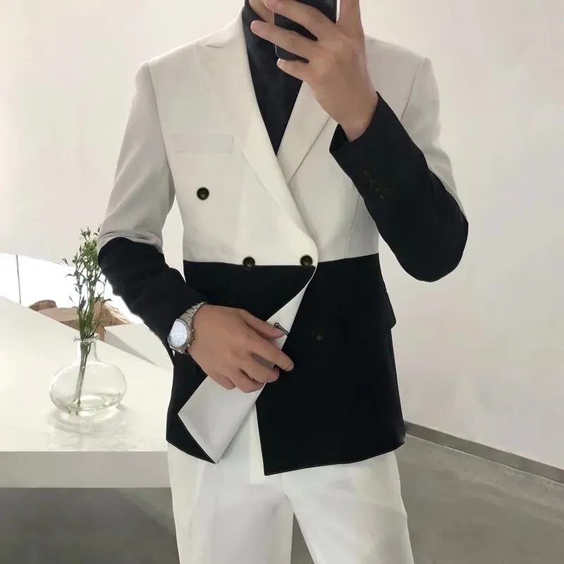 Half Black Red White Men Blazer Hombre Double Breasted Blazer Masculino Slim Fit Wedding Prom Stylish Splice Men Blazer Homme LJ201103