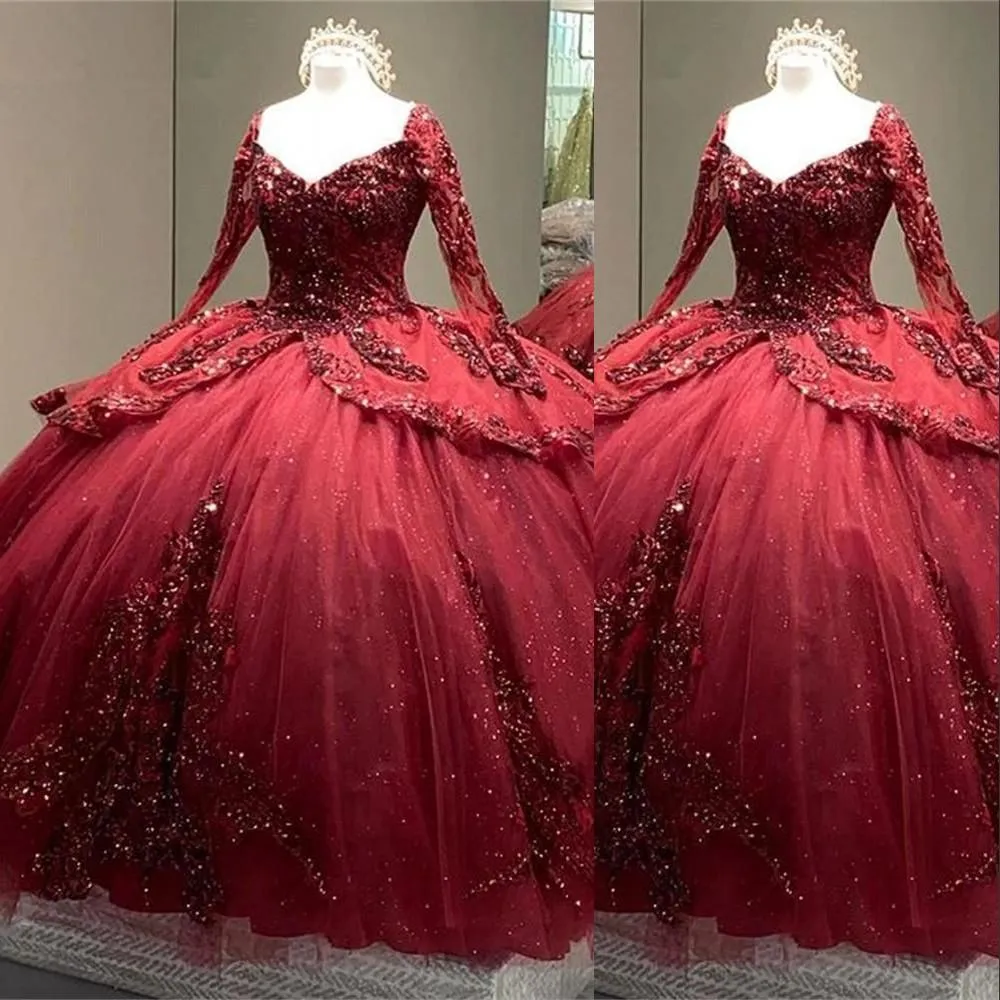 Bury Quinceanera Dresses Long Sleeves Tiered Tulle Embroidery Sparkly Sequins Custom Made Sweet 16 Formal Pageant Ball Gown Princess Wear 403