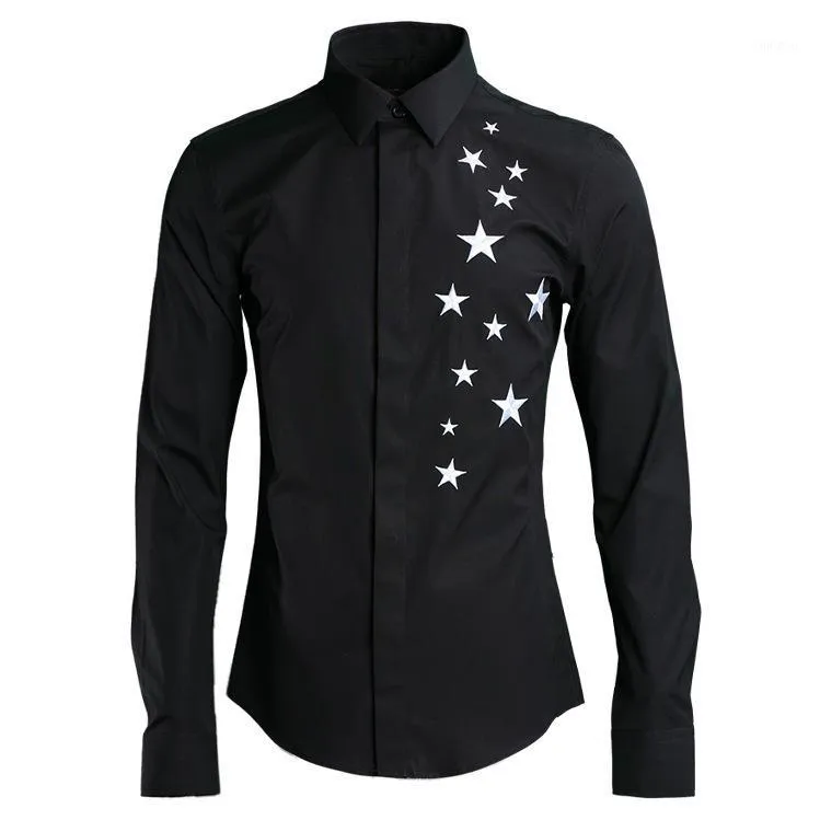 Original Design Langarm Pentagramm Gestickte Herren Kleid Weiß Schwarz Slim Fit Casual Shirt Männer 4xl1