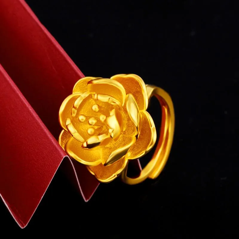 Cluster anéis peônia rosa flor em forma de ouro amarelo 18k para mulheres amante noivado casamento aniversário abrindo jóias anel presentes
