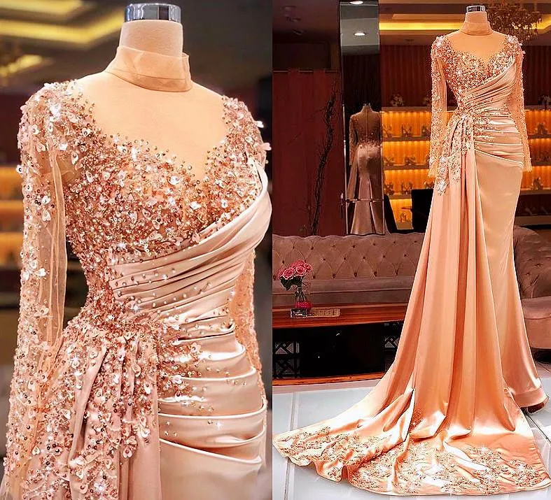 2022 Plus Size Arabic Aso Ebi Luxurious Mermaid Sexy Prom Dresses Sheer Neck Beaded Sequins Evening Formal Party Second Reception Gowns Dress