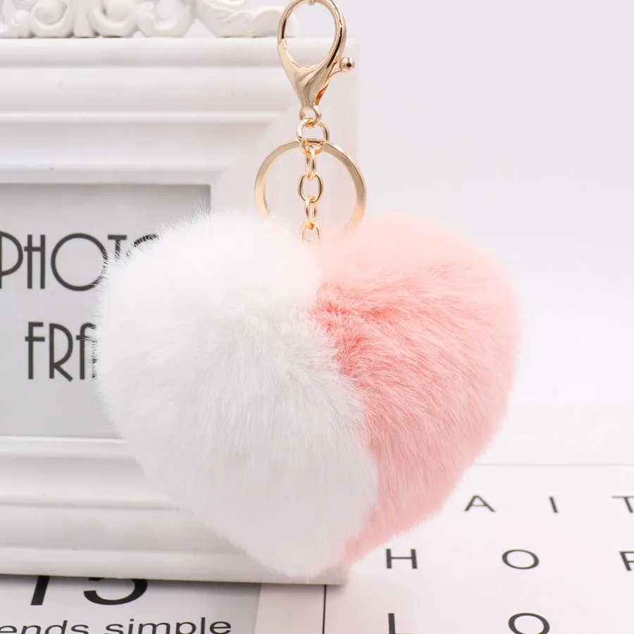 Love Heart Pompom Ball Plush Toy With keychain for Women Purse Bag Charm Pendant Pom Pom Round Ball