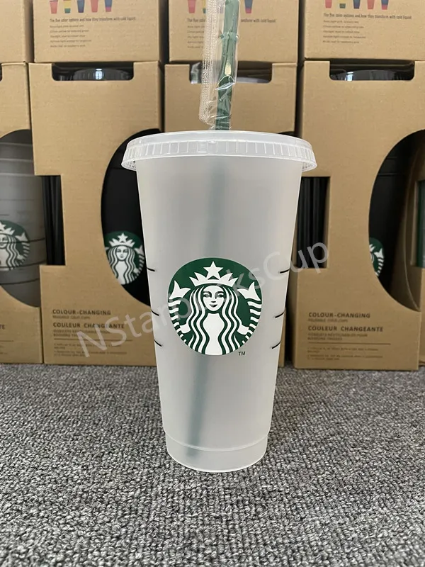 Sjöjungfru gudinnan Starbucks 24oz/710 ml plastmuggar tumlare återanvändbar klar dricka platt botten pelare form lock halmkoppar 4437