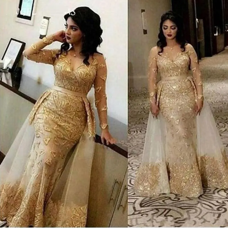 2021 Arabic Gold Champagne Evening Dresses Wear for Women Mermaid Lace Appliques Beads Overskirts Floor Length Formal Prom Dress Party Gowns