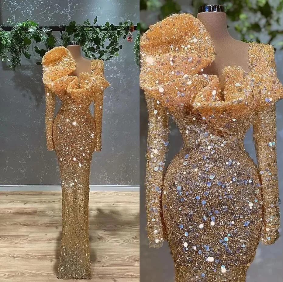 Glitter Gold Sequins Mermaid Prom Klänningar 2022 Långärmade plusstorlek Sweep Train Formal Evening Cawns Grows for Arabiska Kvinnor Vestdidos de Novia Pro232