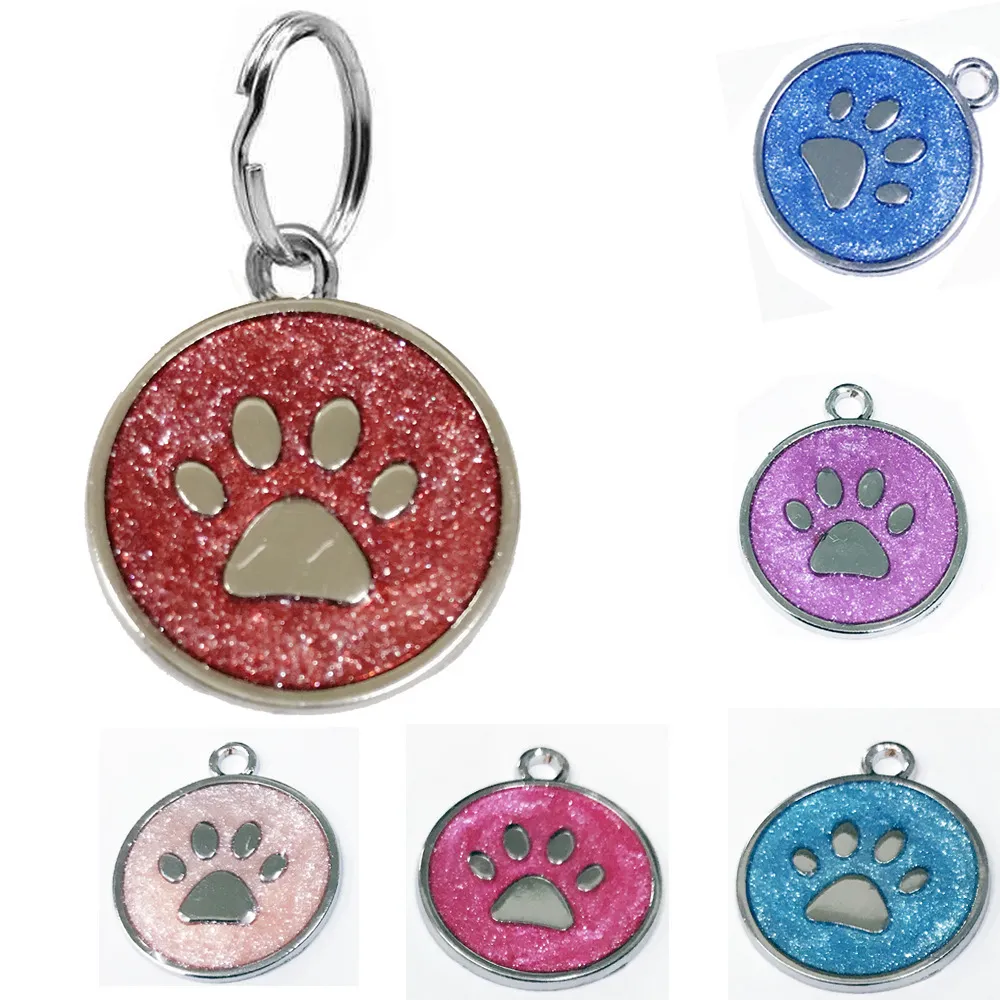 / Lot 6 färger Pet Collar Smycken Hängsmycke Mode Personlig Graverad Glitter Paw Skriv ut Tag Dog Cat Pet ID Taggar LJ201109