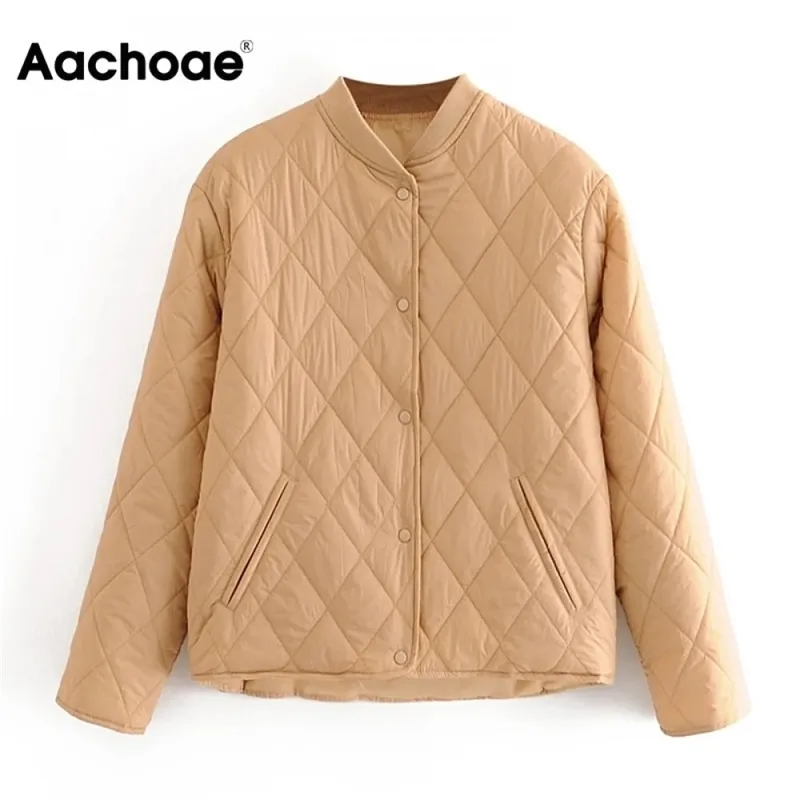 Aachoae Fashion Argyle Padded Jacket Women Long Sleeve Casual Outerwear Coat Autumn Winter Loose Jackets Female Tops 201017