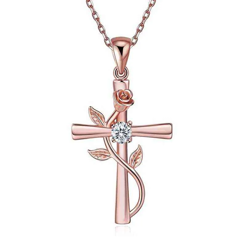 Collier avec pendentif en forme de croix Rose pour femmes, symbole romantique, amour, fleur, bijoux, G220310
