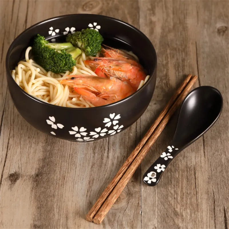 Set 2 Ciotole Per Ramen In Ceramica Giapponese Con Coperchio - 800ml, Include Bacchette E Cucchiai, Per Zuppe, Insalate E Cereali