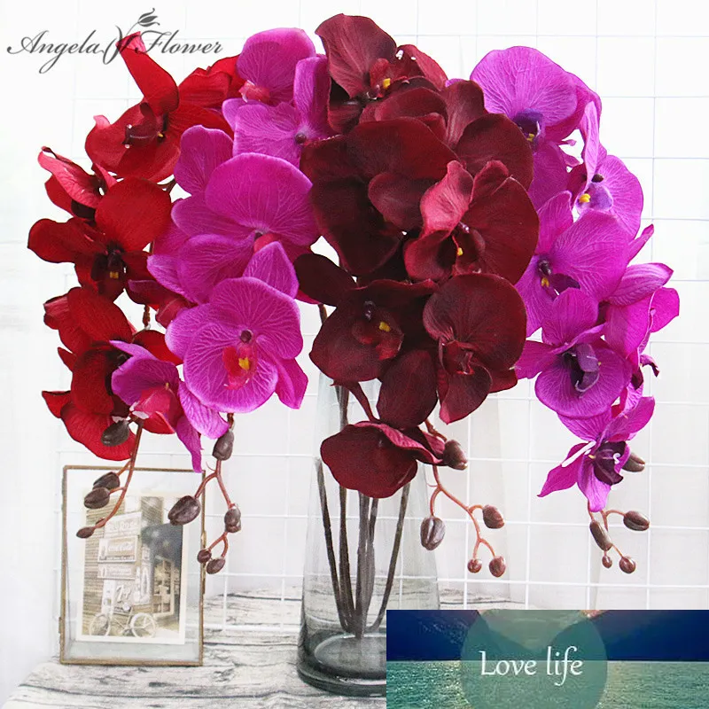 8 huvuden stor orkidé konstgjord blomma gren phalaenopsis fjäril svart burgundy färgglada bröllop hem inredning potted grossister