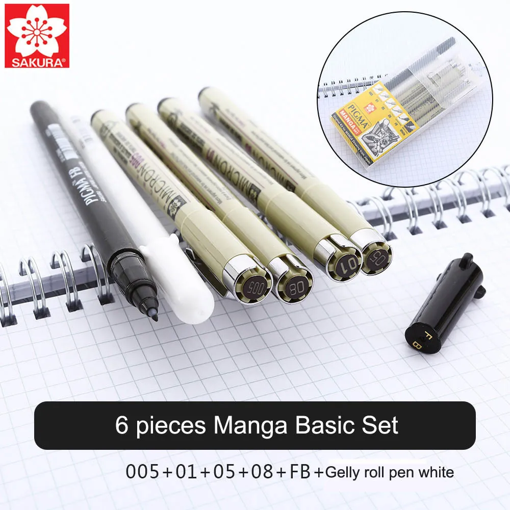White Gel Pen Sakura Pigma Manga Basic Set 005, 01, 05, 08