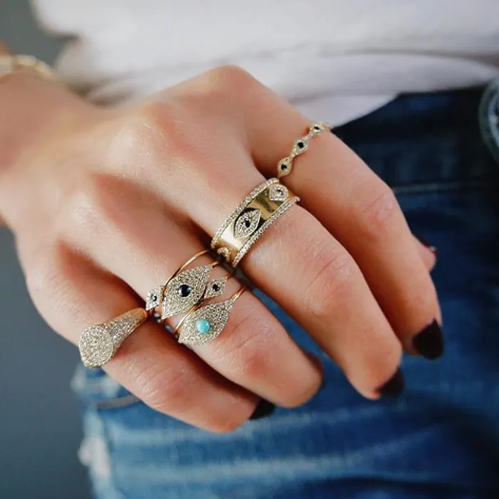 2021 Evil Eye Blue Crystal Bröllop Ringar För Kvinnor Mode Rhinestone Kvinna Man Födelsedag Smycken Anillos Mujer Lucky Band Rings