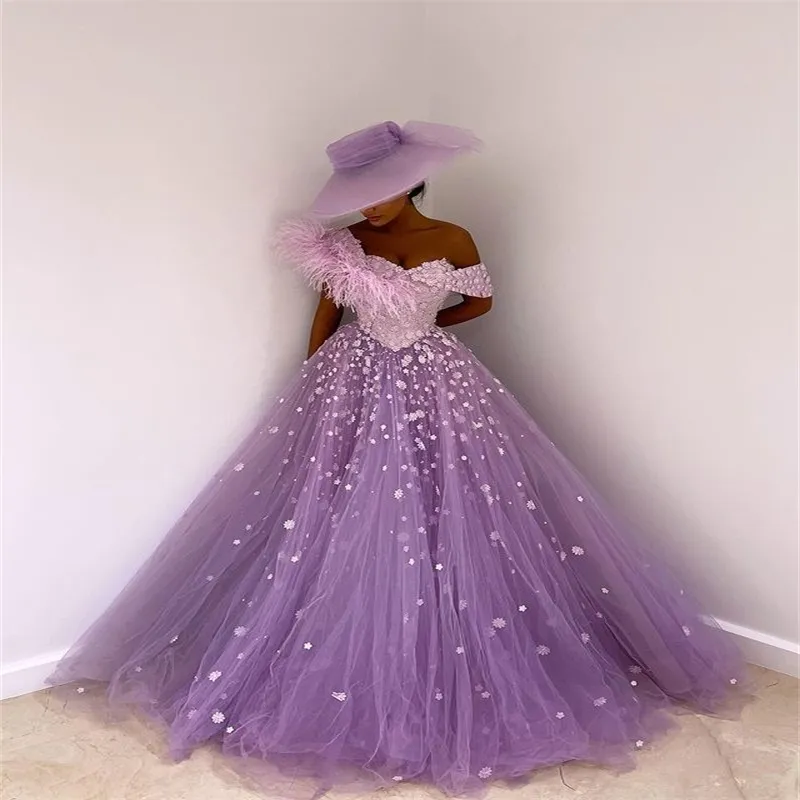 Princess Purple Prom Dresses Feather Hand Made Flower Formal Evening Dress Party Gowns Modern Fashion Sweep Train Robe De Soirée