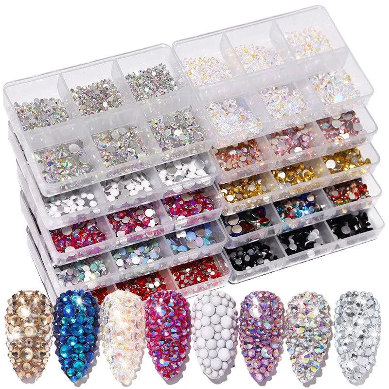 Nowy rozmiar mieszany Crystal AB Glass Dżetów do paznokci Nie gorąca fix 3D Flatback Strass Gems Glitter Biżuteria Dekoracje Nail Art Dekoracje