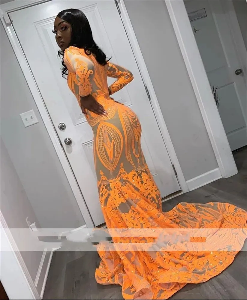 Orange Lace Mermaid Orange Mermaid Prom Dresses for Black Girls - Sexy V-Neck Long Sleeve Birthday Gown (Style 322)