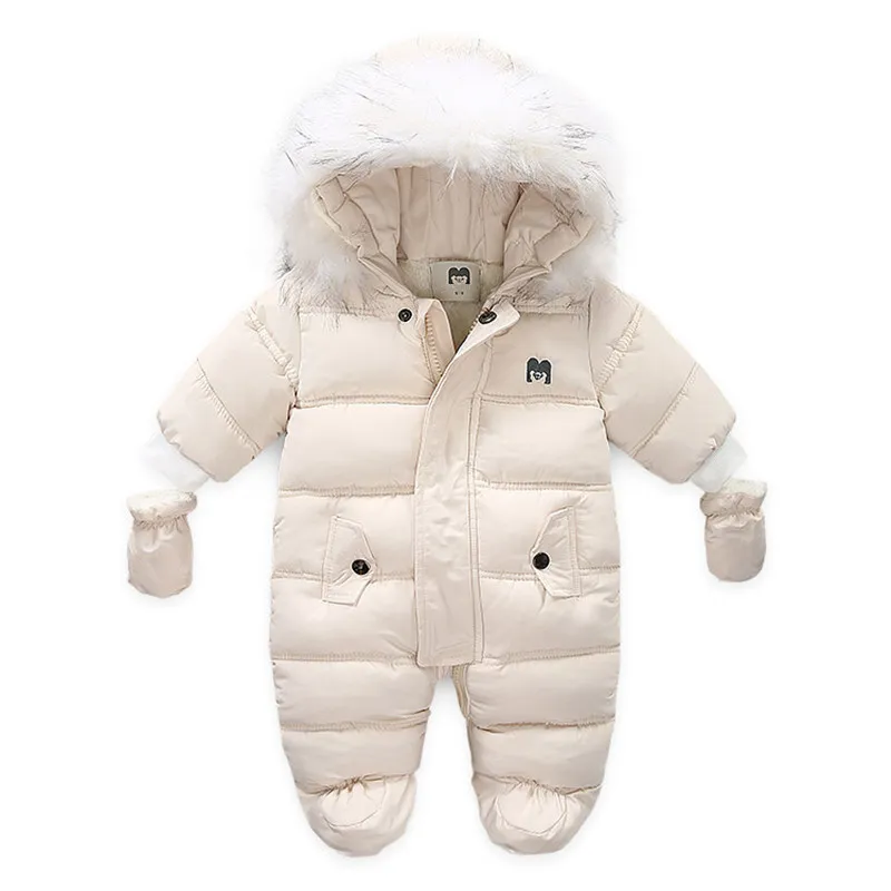 Children Winter Jumpsuit Fur Hood Baby Girl Boy Snowsuit Russian Winter Infant Outerwear Ovealls Baby Thick Rompers with Gloves LJ201023