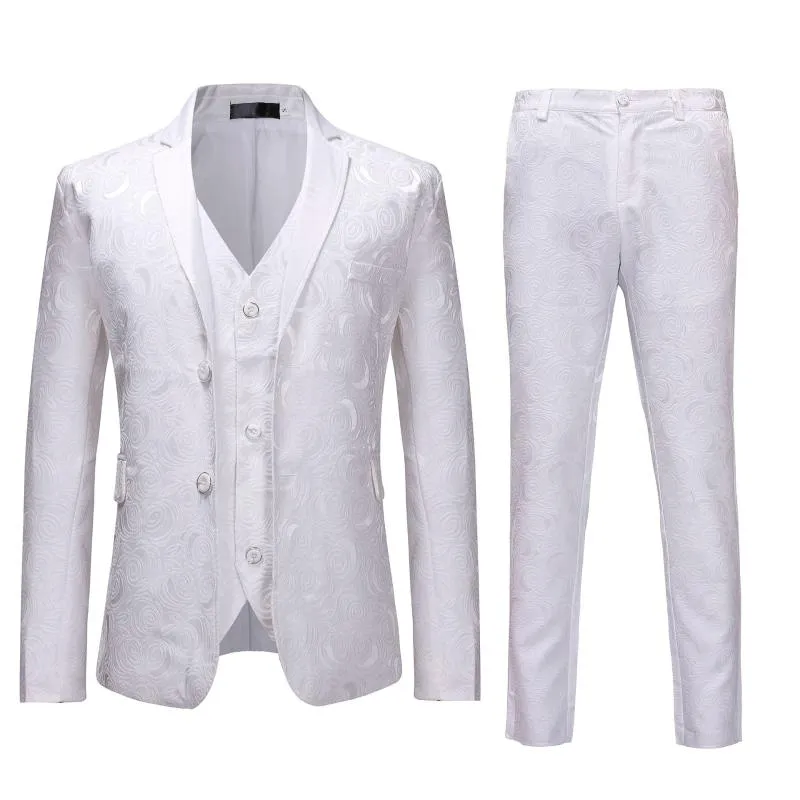 2 stks Mens Floral Party Tuxedo Pak (jas + broek) Witte enkele breasted pakken met broek mannen bruiloft prom pak mannen kostuum homme