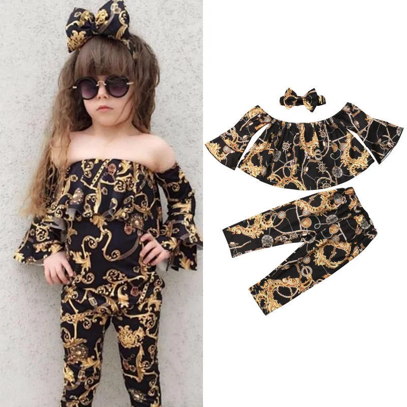 Nova moda 3 pcs Casual Baby Roupas Set Girl off-ombro tops + calças soltas leggings + headband roupas de verão conjuntos calças com fundo de sino