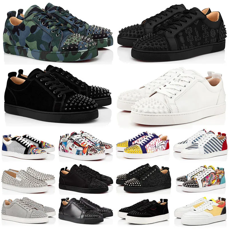 Designer lage jurk schoenen mannen zwart wit camo groen glitter grijs klinknagels leer suède heren mode spikes kantoor carrière bruiloft trainers schoen sneakers