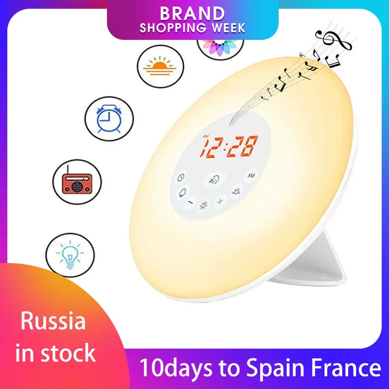 Sveglia digitale Sveglia luminosa Lampada da tavolo a LED Orologio elettronico Despertador Alba Tramonto Sveglia Snooze Orologi Radio FM Scrivania LJ200827