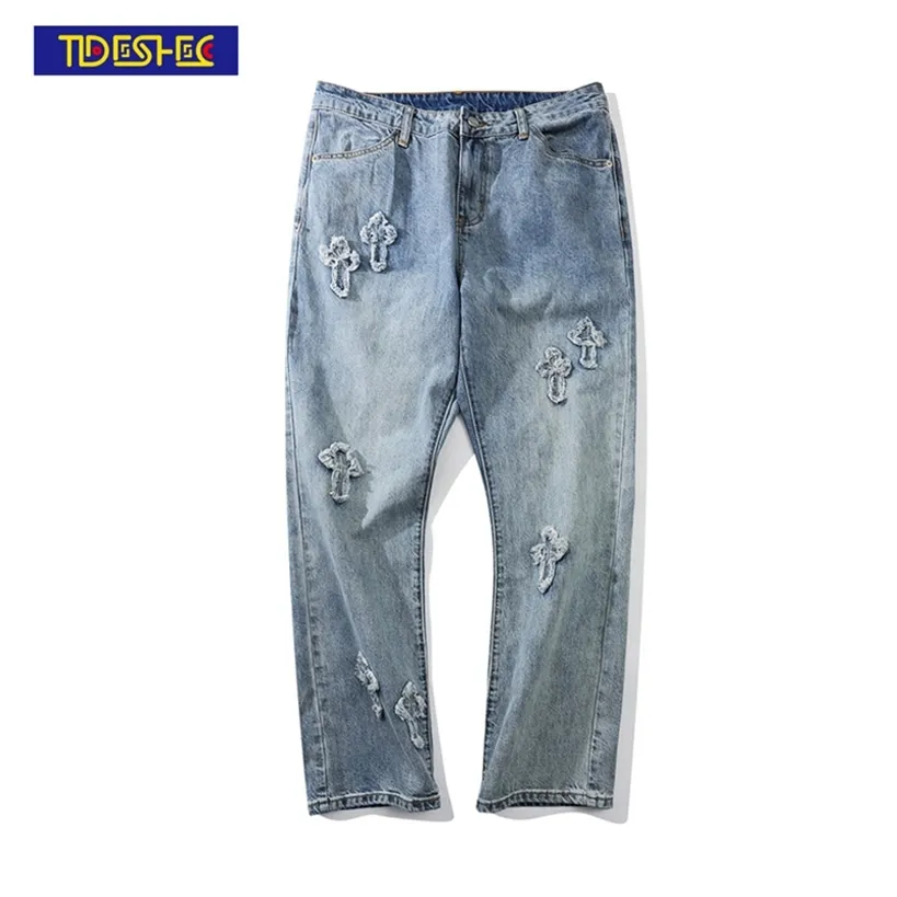 Pantalones de moda para hombre, pantalones vaqueros cruzados bordados, ropa de calle para mujer, ropa informal holgada de hip hop 220115