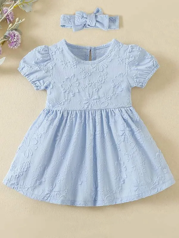 Baby Jacquard Puff Sleeve Dress With Headband SHE