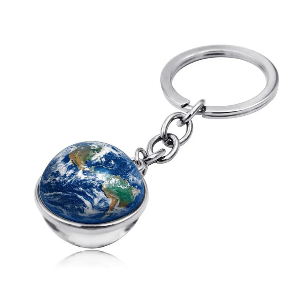 Glöd i den mörka solsystemet Planet Earth Keyring Party Favor Galaxy Nebula Lysande Keychain Moon Earth Sun Double Side Glass Ball Nyckel Kedja 8 * 2cm