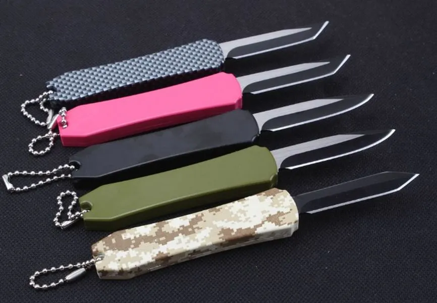 5 färger sida push mini keychain pocket kniv aluminium auto dubbel action kniv fiske självförsvar xmas gåva kniv a2075
