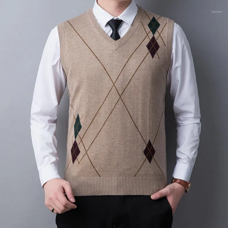남자 캐시미어 스웨터 가을 봄 캐주얼 아가일 패턴 스웨터 조끼 남성 민소매 니트 탑스 Pullovers1