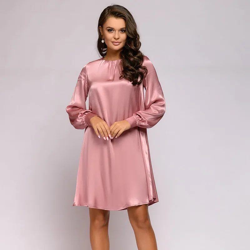 Frauen Mode Rosa Satin Mini Kleid Casual Oansatz Laterne Hülse Glatte Lose Gerade Kleid Elegante Solide Party Kleid Herbst